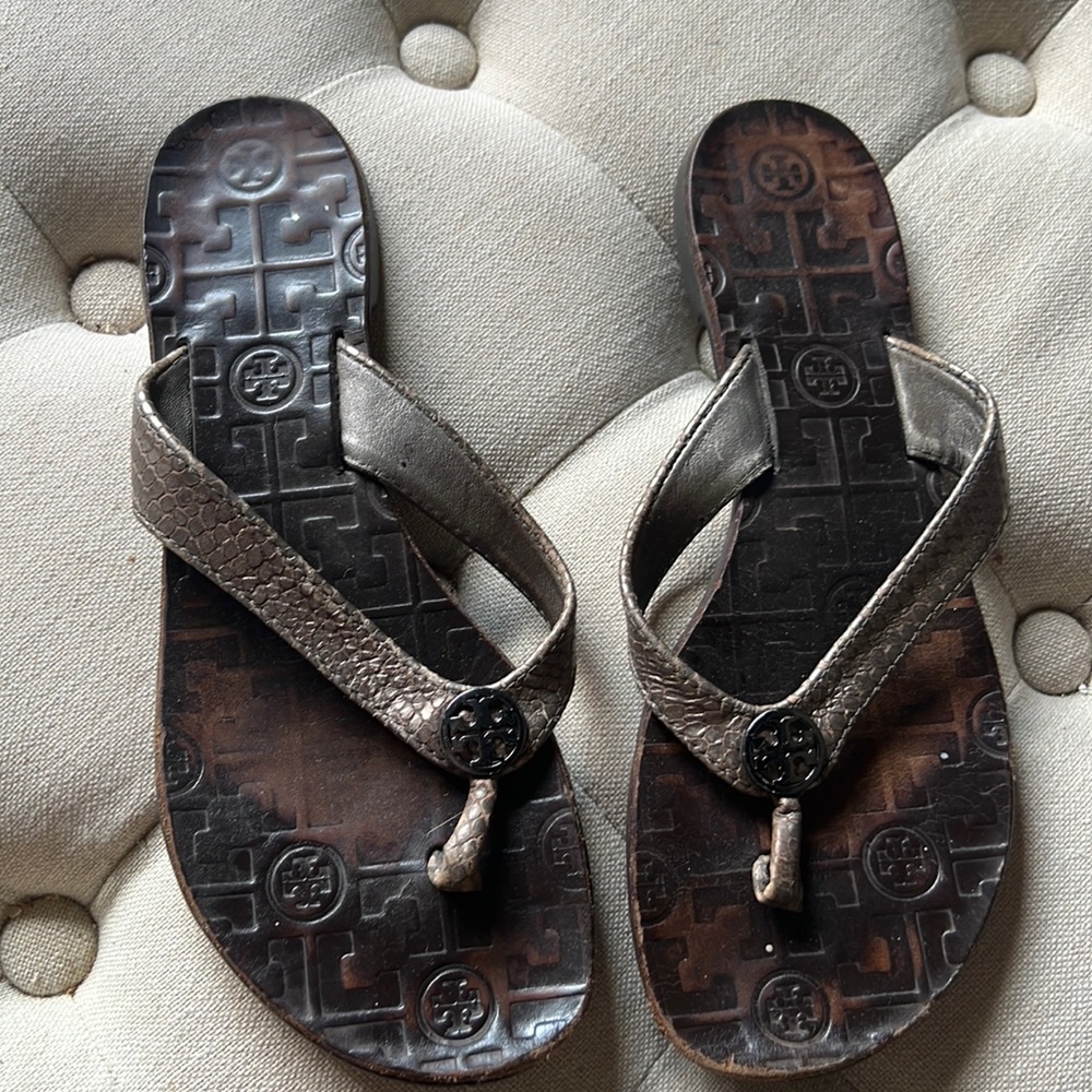 Tory Burch Pewter Snakeskin Flip Flops